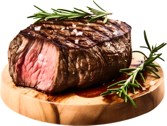 Foto de um churrasco bovino servido na tábua com alecrim.